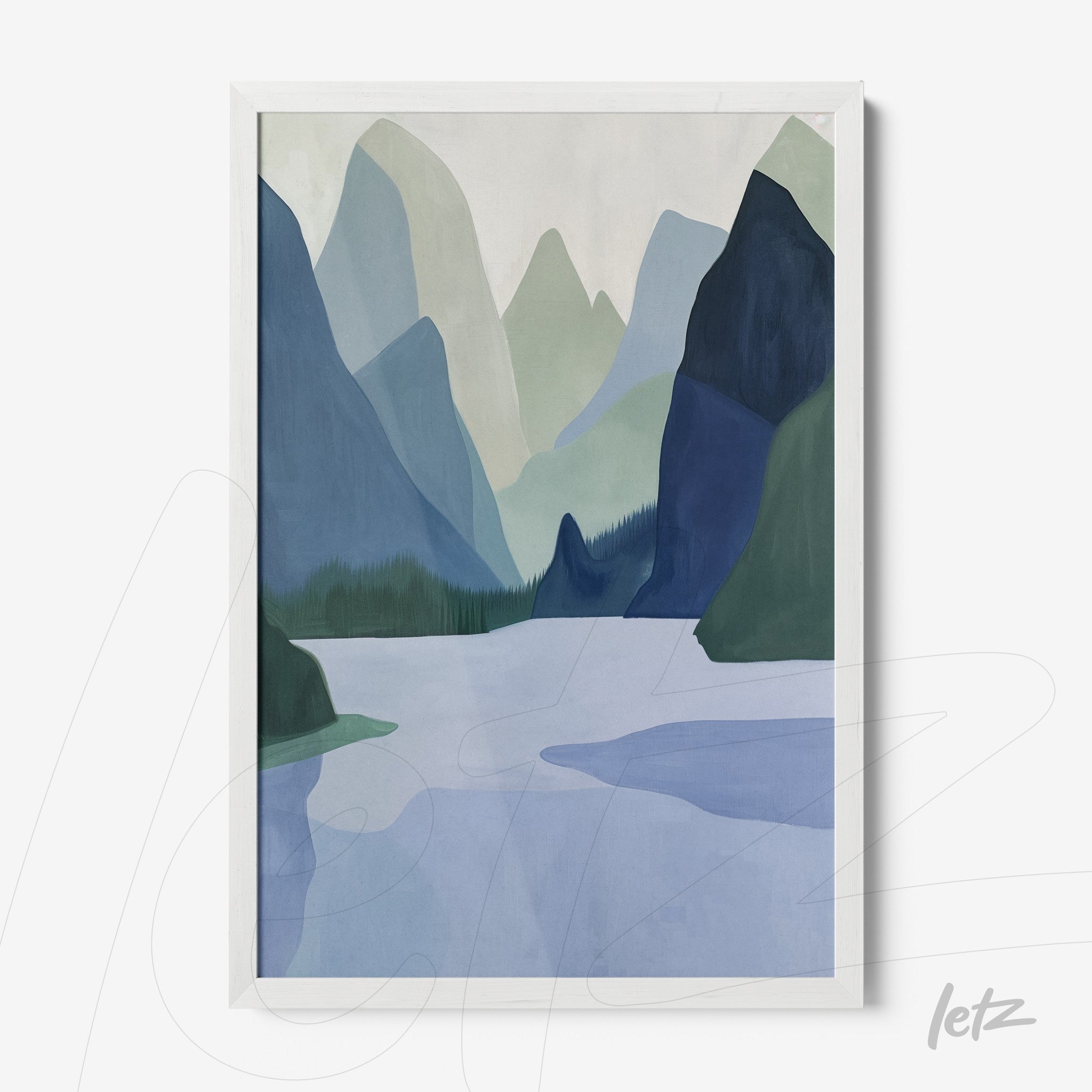 quadro com arte abstrata de paisagem montanhosa em moldura branca