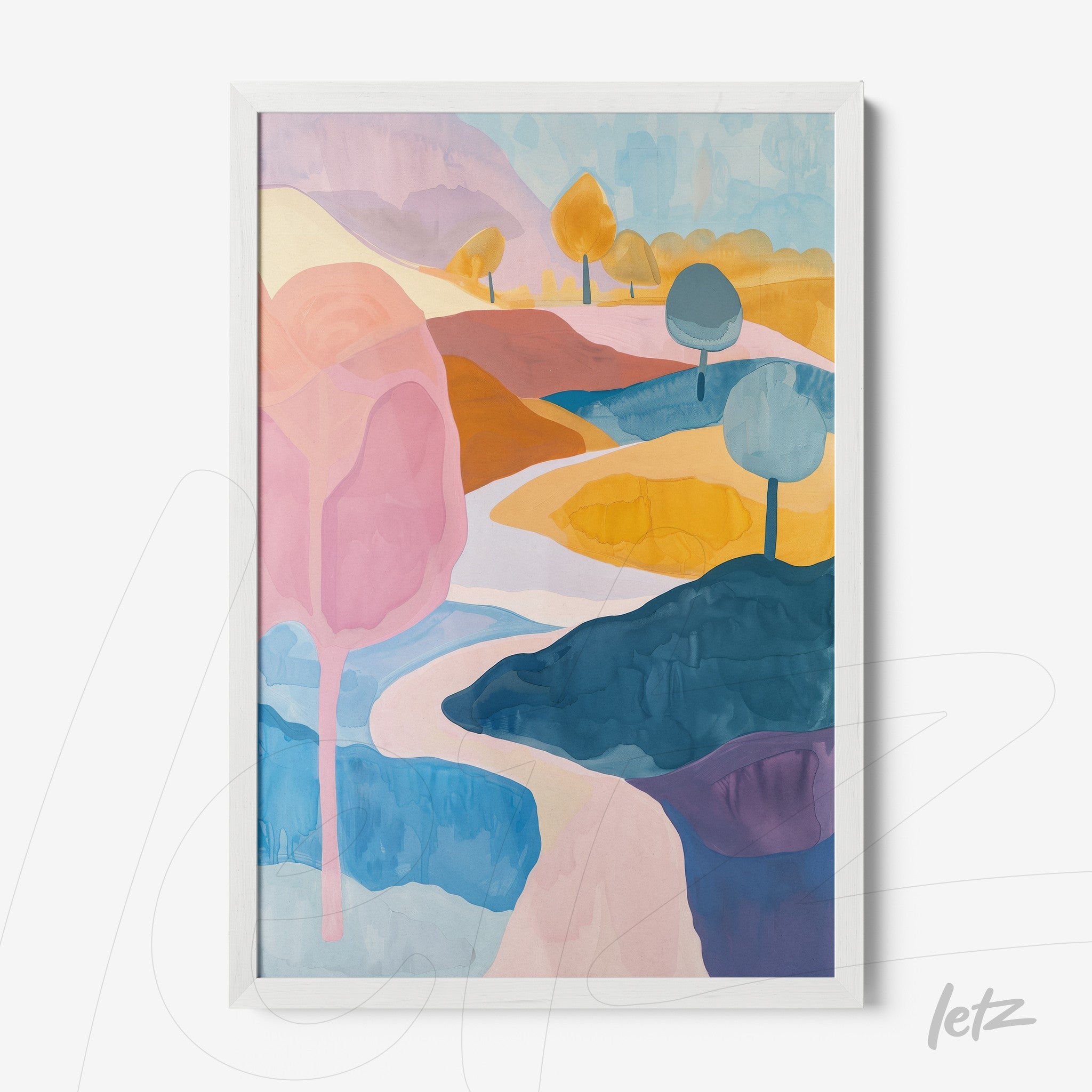 quadro com arte abstrata de paisagem em moldura branca