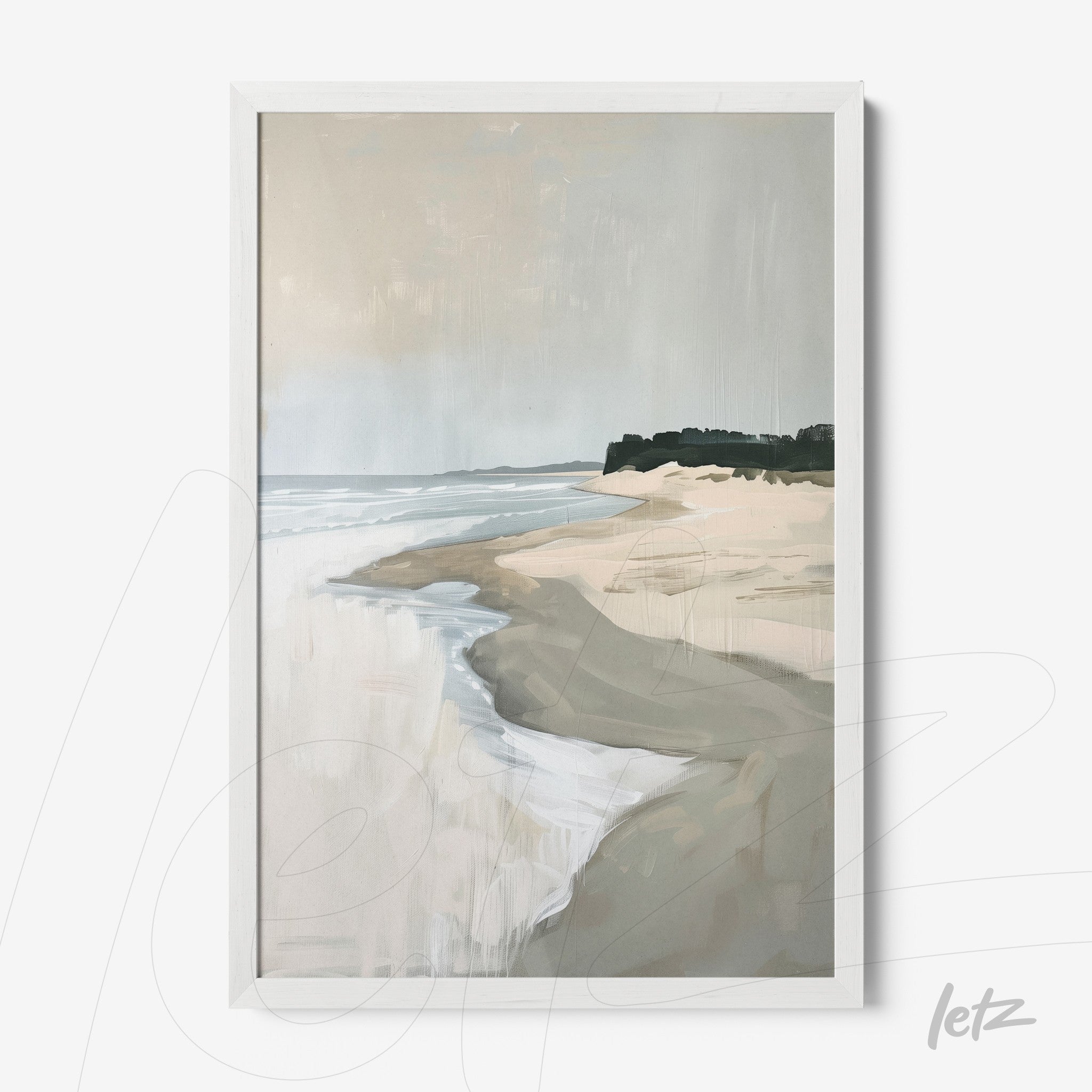 quadro com arte abstrata de uma praia serena em moldura branca