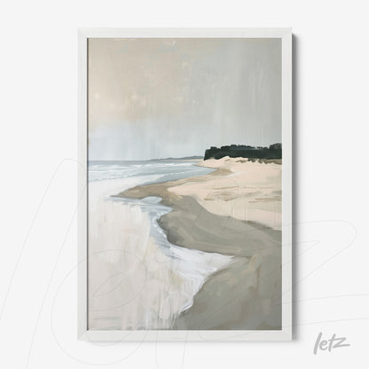quadro com arte abstrata de uma praia serena em moldura branca