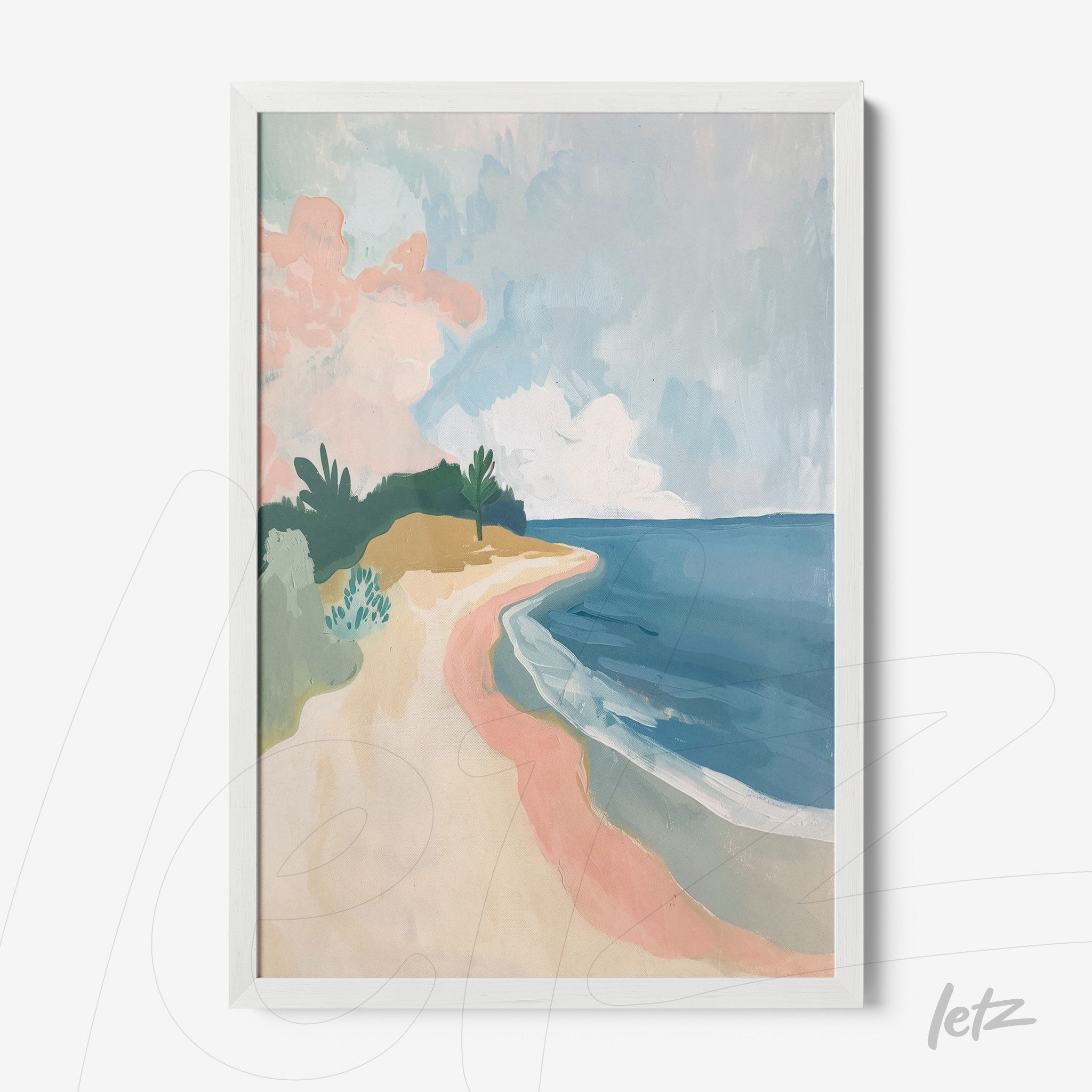 quadro de arte digital com paisagem praiana em moldura branca, retratando a costa com céu azul e nuvens rosas