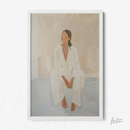 quadro com arte minimalista de mulher sentada usando pijama branco em moldura branca