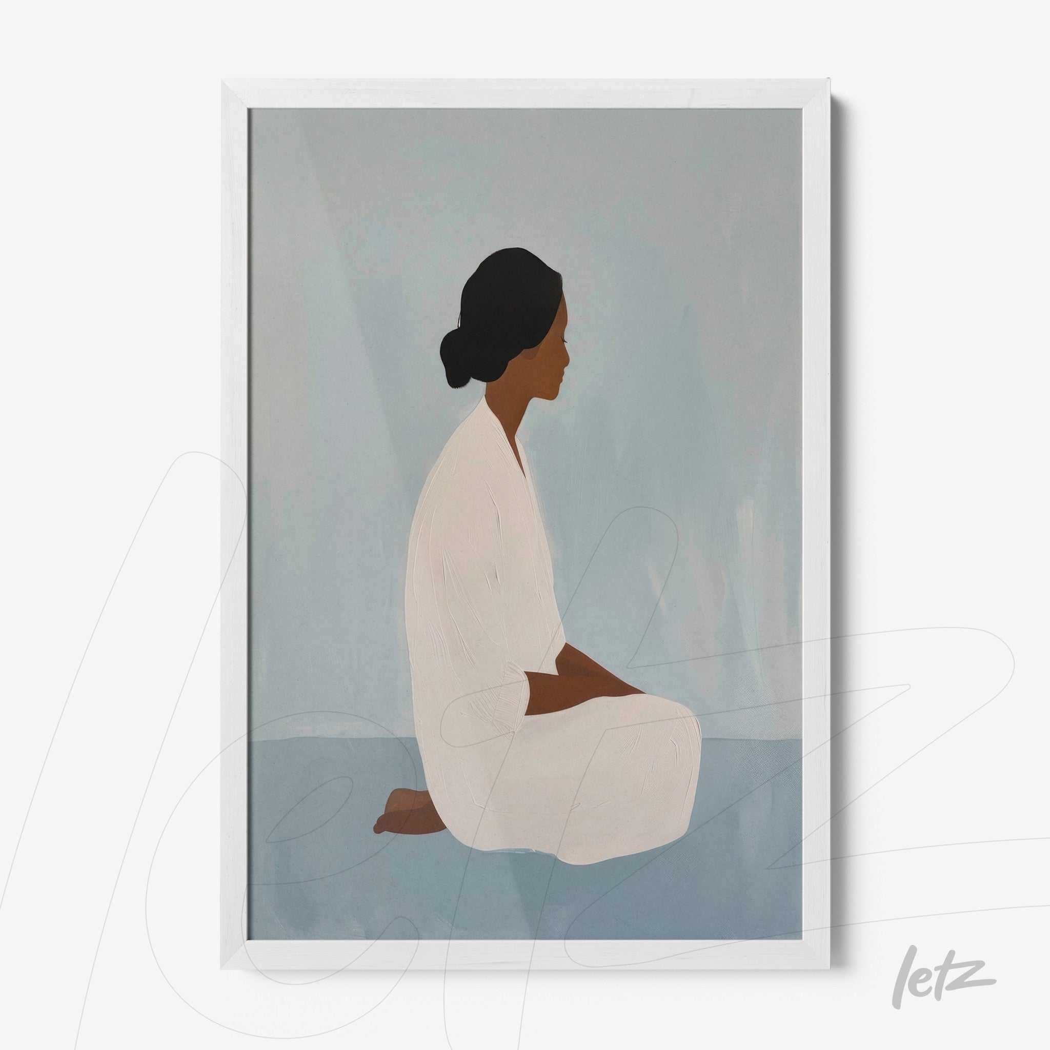 quadro com ilustração minimalista de mulher em perfil, vestindo roupão branco, sobre fundo azul suave em moldura branca