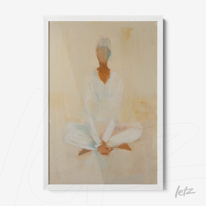 quadro com arte abstrata de figura meditando em tons suaves, moldura branca