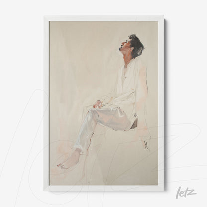 quadro com retrato artístico de uma figura sentada, com fundo claro e moldura branca