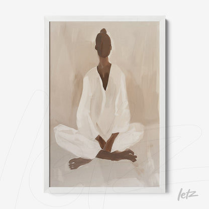 quadro com arte minimalista de figura feminina em meditação com fundo neutro e moldura branca