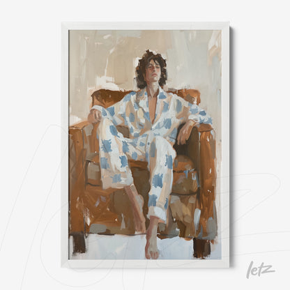 quadro em moldura branca com pintura de um homem relaxando em sofa, usando pijama claro com estampas azul e branca