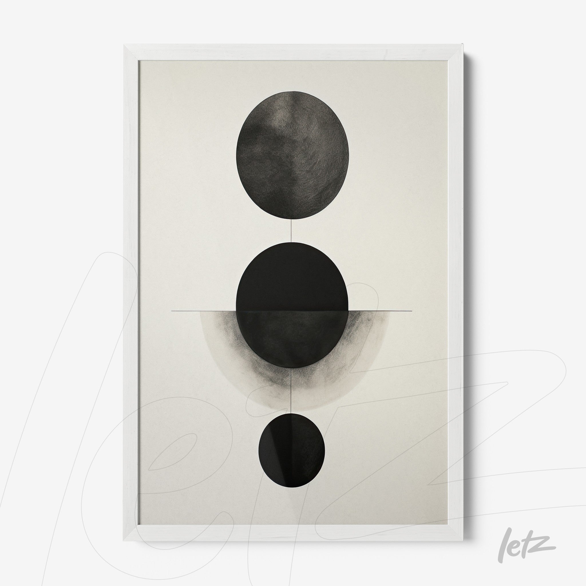quadro com arte abstrata apresentando formas geométricas em preto e branco, moldura branca