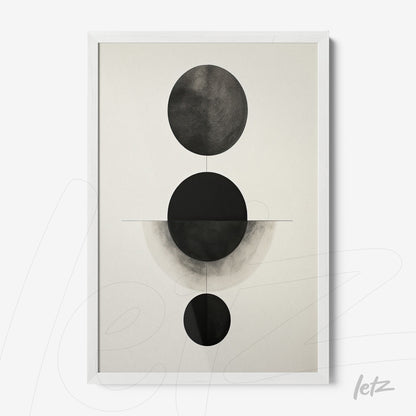 quadro com arte abstrata apresentando formas geométricas em preto e branco, moldura branca