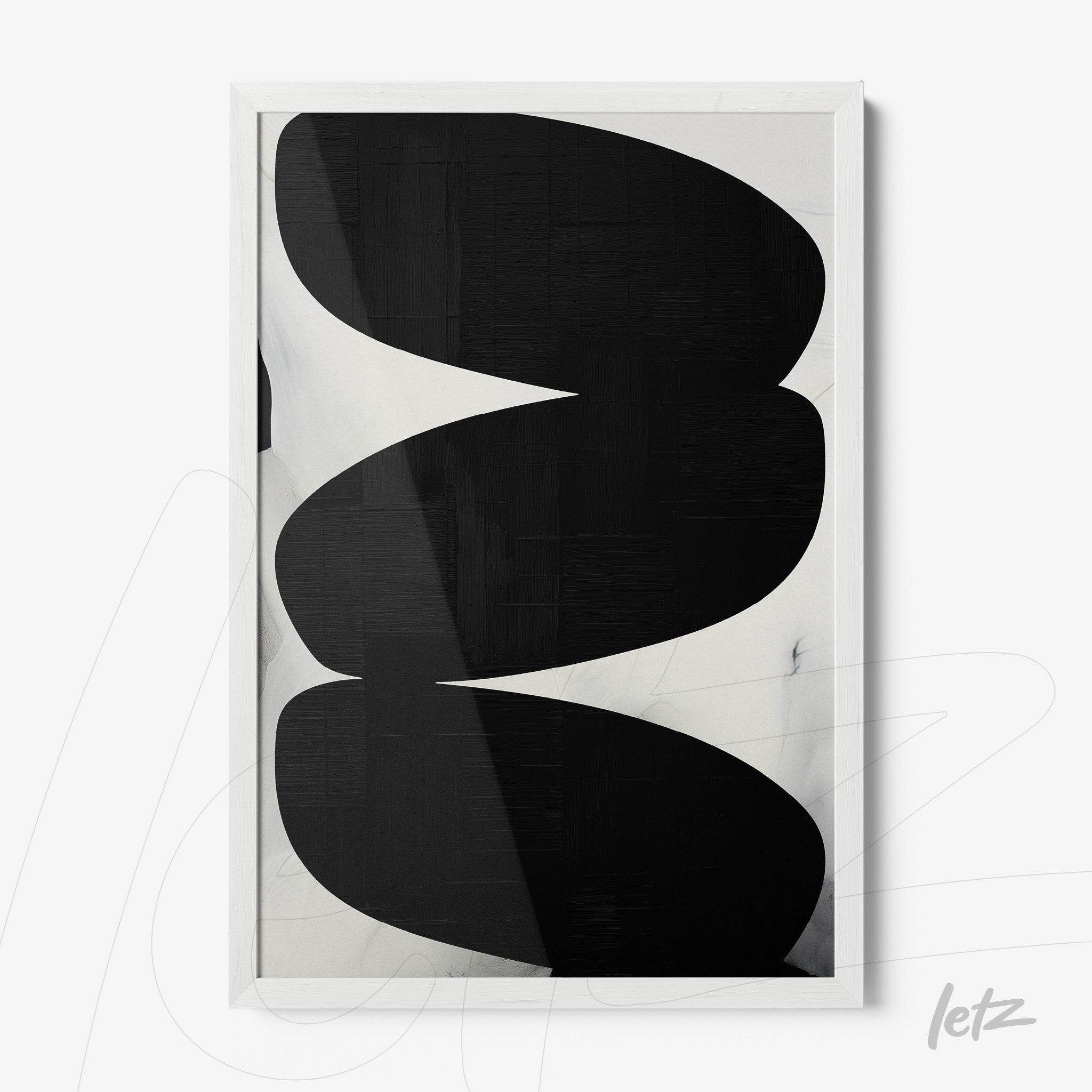 quadro abstrato em preto e branco com formas orgânicas em moldura branca