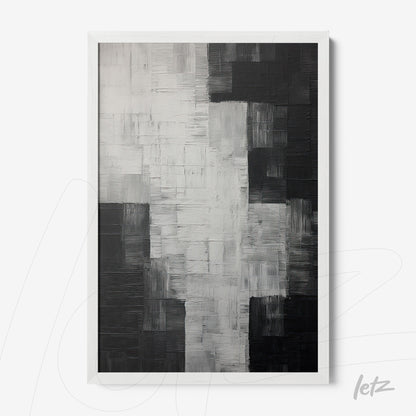 quadro abstracto em preto e branco com textura em relevo, moldura branca