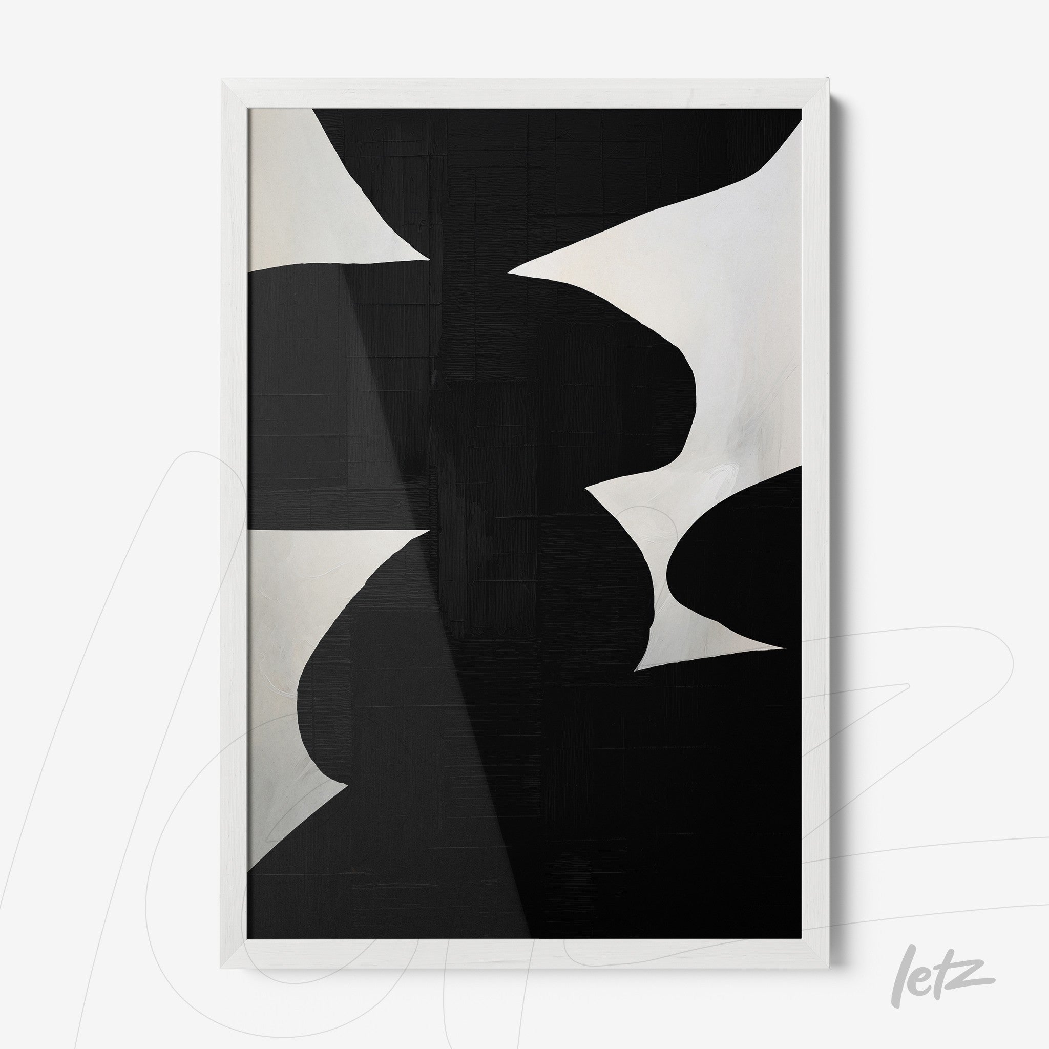 quadro abstrato em preto e branco com formas orgânicas em moldura branca