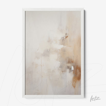 quadro abstrato em tonalidades de bege e marrom claro com moldura branca