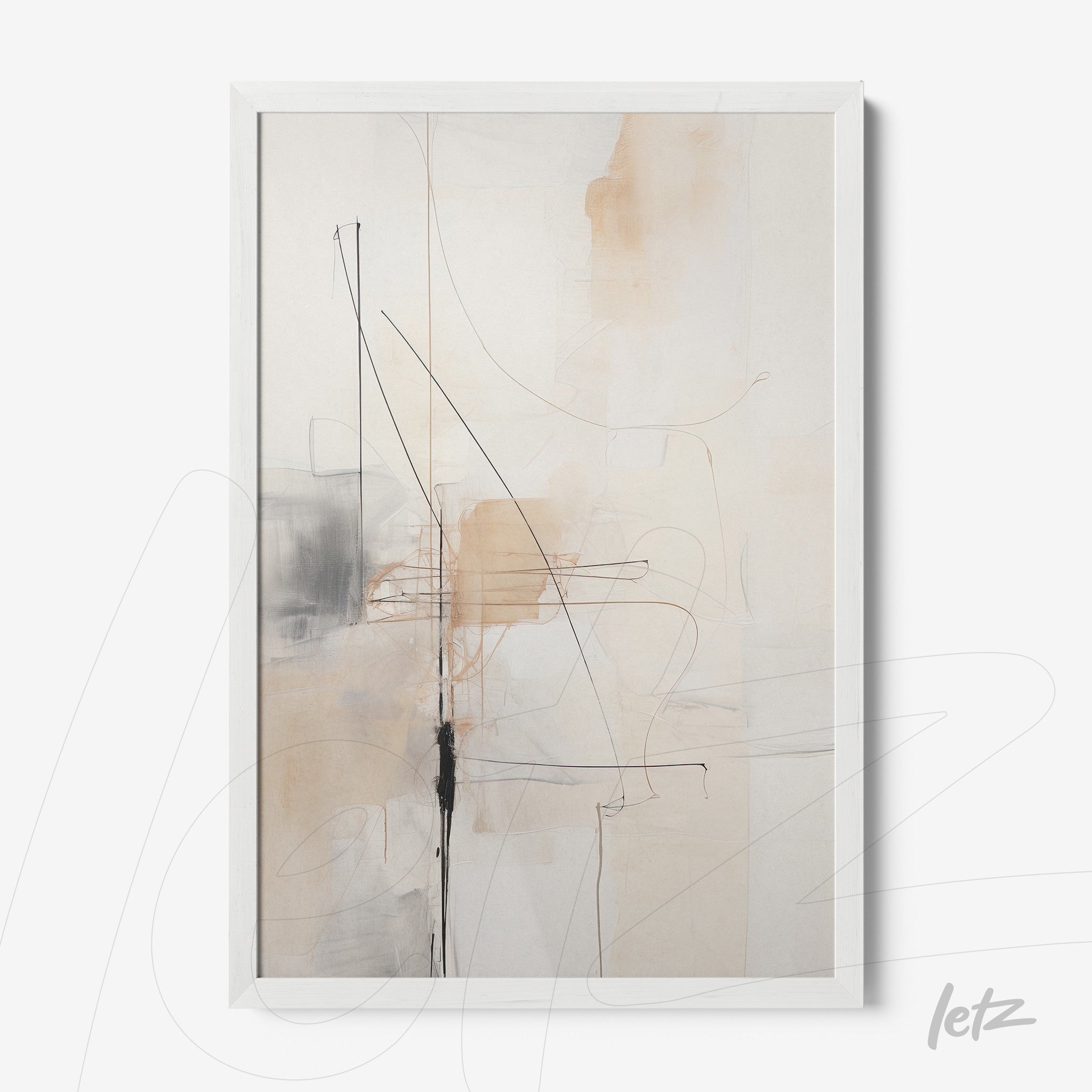 quadro com arte abstrata em tons neutros e traços finos, moldura branca