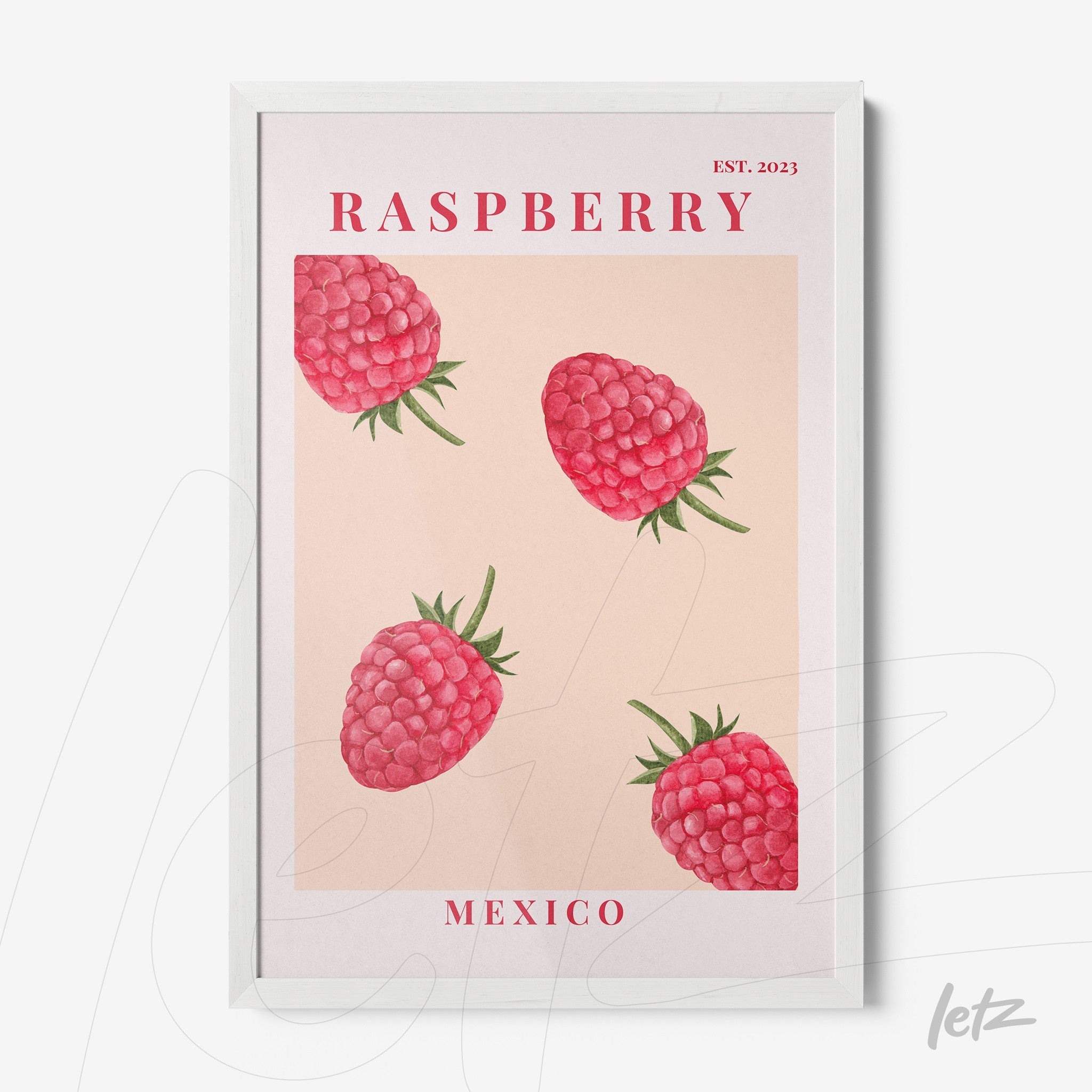 quadro com ilustrações de framboesas em fundo suave e moldura branca