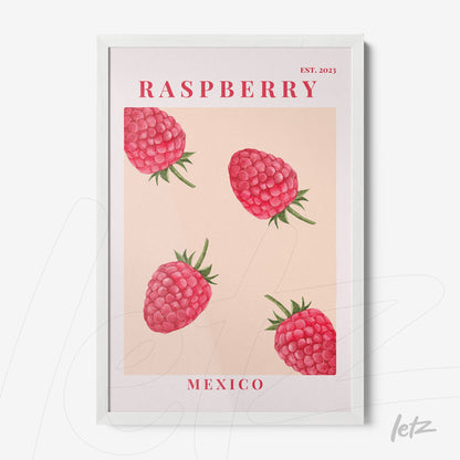 quadro com ilustrações de framboesas em fundo suave e moldura branca