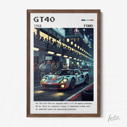 quadro emoldurado com a arte digital de um carro de corrida GT40 sob iluminação noturna no autódromo de Le Mans