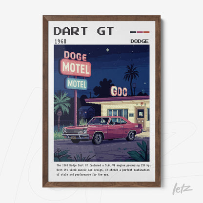quadro emoldurado com arte pixelada do carro Dodge Dart GT em frente a um motel vintage sob céu noturno