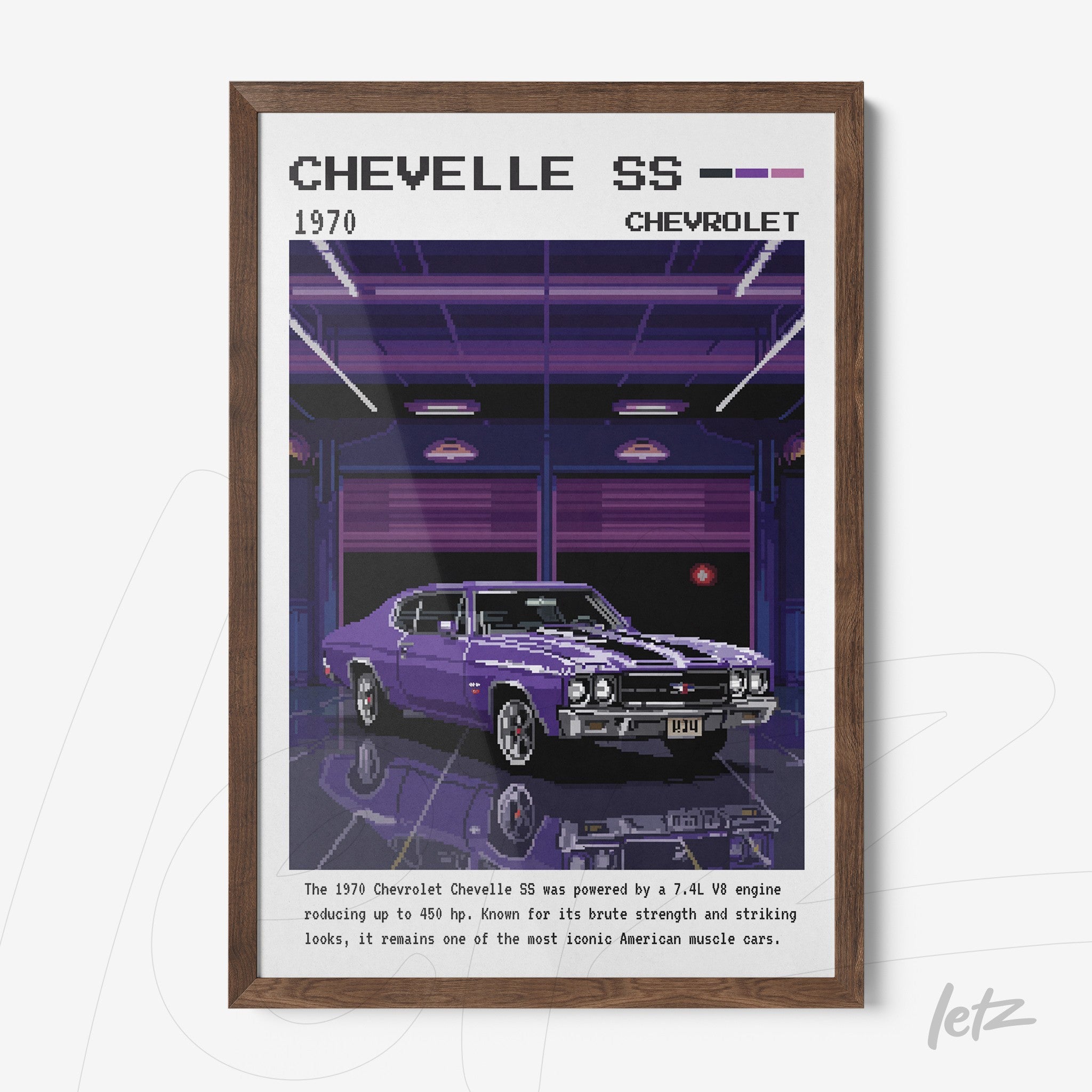 quadro de estilo retrô com ilustração digital de um carro Chevelle SS de 1970 em moldura de madeira escura