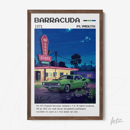 quadro com ilustração pixel art de um carro Plymouth Barracuda verde em frente a um diner vintage com letreiro vermelho, moldura de madeira escura