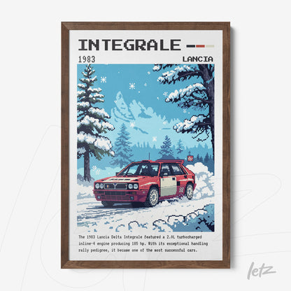 quadro com arte pixelizada de um carro Lancia Delta Integrale vermelho em meio a uma paisagem de inverno com árvores cobertas de neve