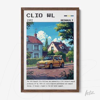 quadro com arte digital de um Renault Clio Williams 1992, emoldurada em madeira escura, com fundo de uma paisagem urbana detalhada