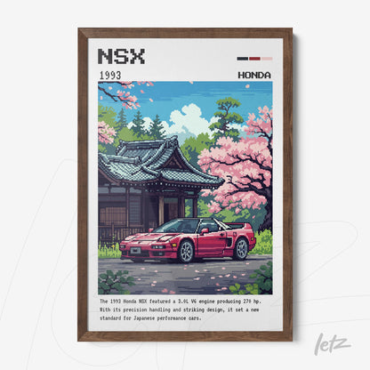 quadro com arte pixelada do carro Honda NSX 1993 em frente a um templo japonês e flores de cerejeira, moldura de madeira escura