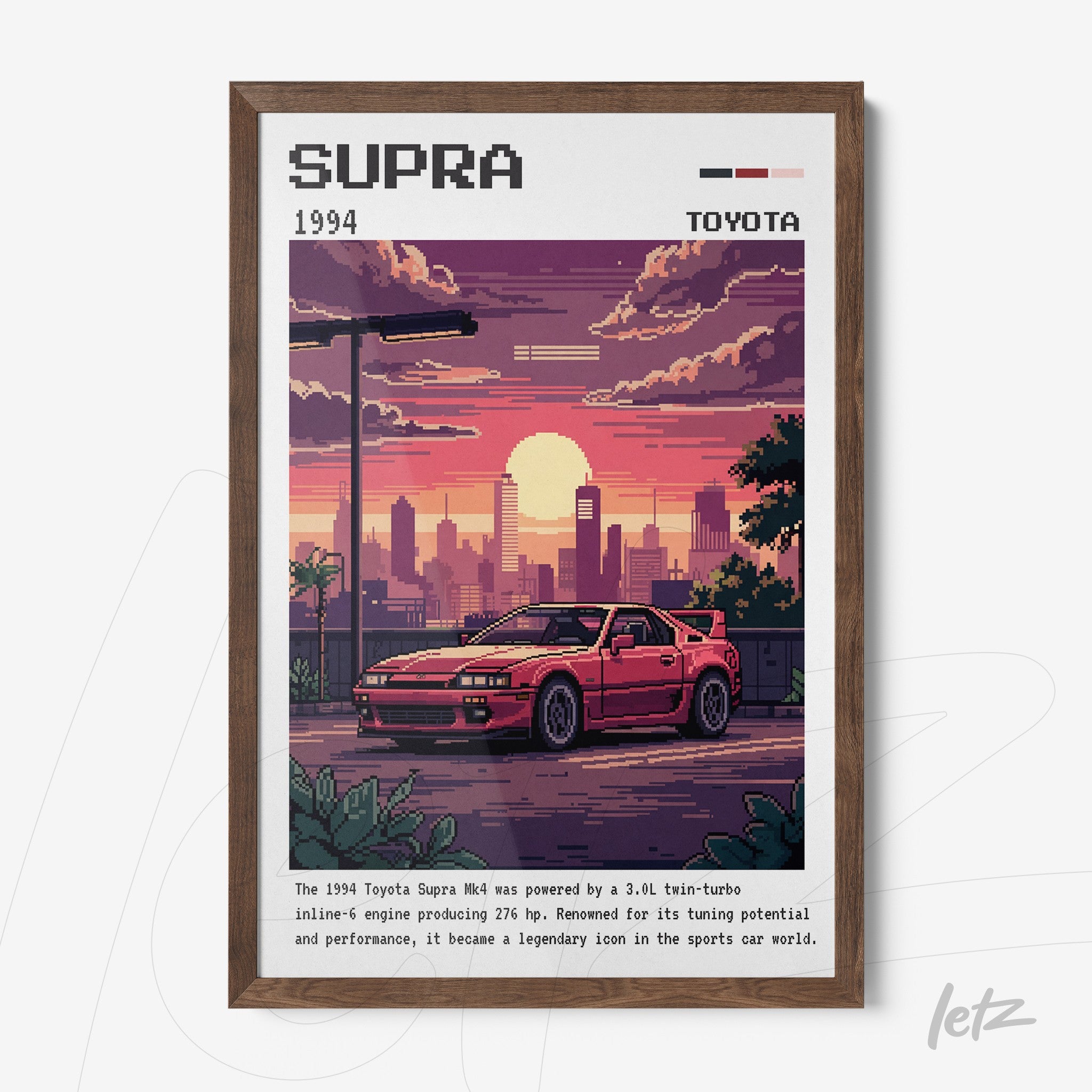 quadro com arte pixelada de um carro Toyota Supra 1994 em uma paisagem urbana ao pôr do sol, moldura de madeira escura