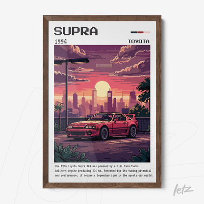 quadro com arte pixelada de um carro Toyota Supra 1994 em uma paisagem urbana ao pôr do sol, moldura de madeira escura