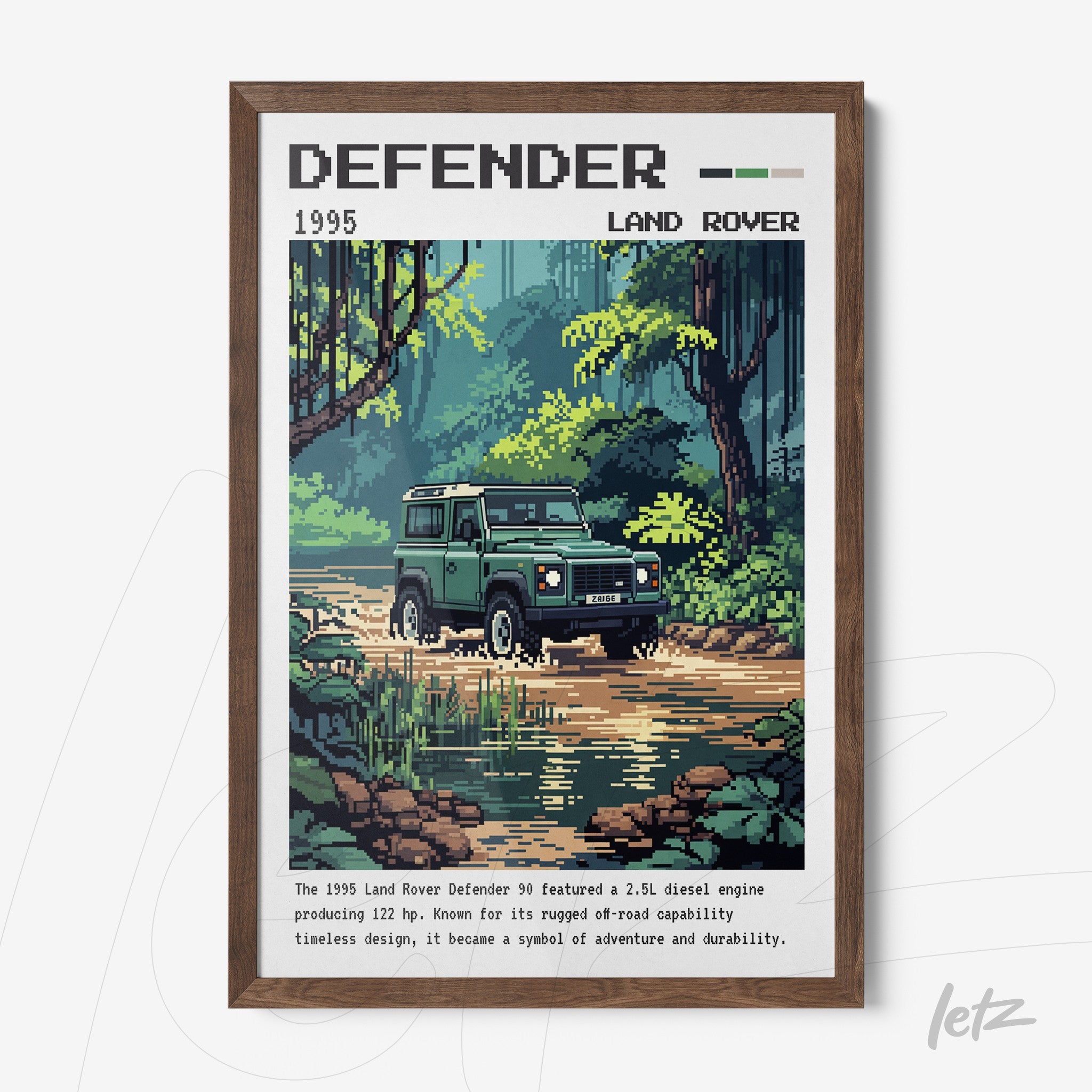 quadro com arte pixelada do Land Rover Defender 90 em um ambiente florestal, com moldura de madeira escura