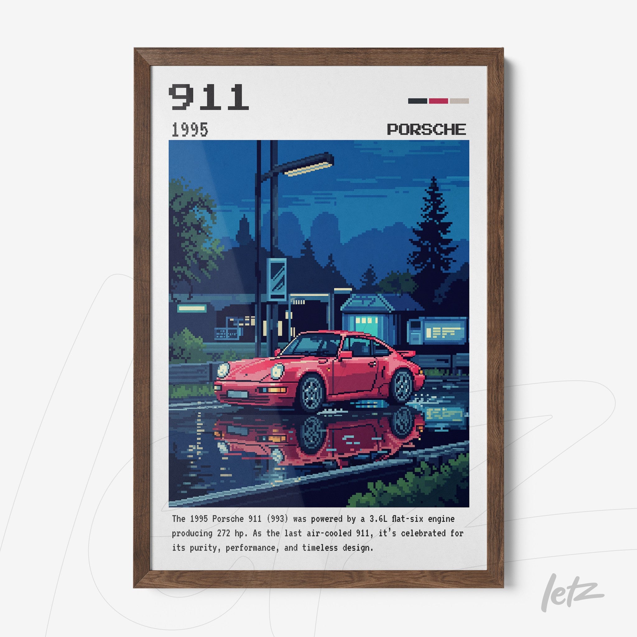 quadro com arte digital de um Porsche 911 vermelho refletindo em uma poça de água, moldura de madeira escura