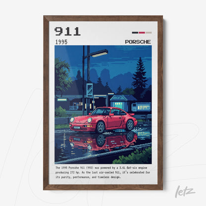 quadro com arte digital de um Porsche 911 vermelho refletindo em uma poça de água, moldura de madeira escura