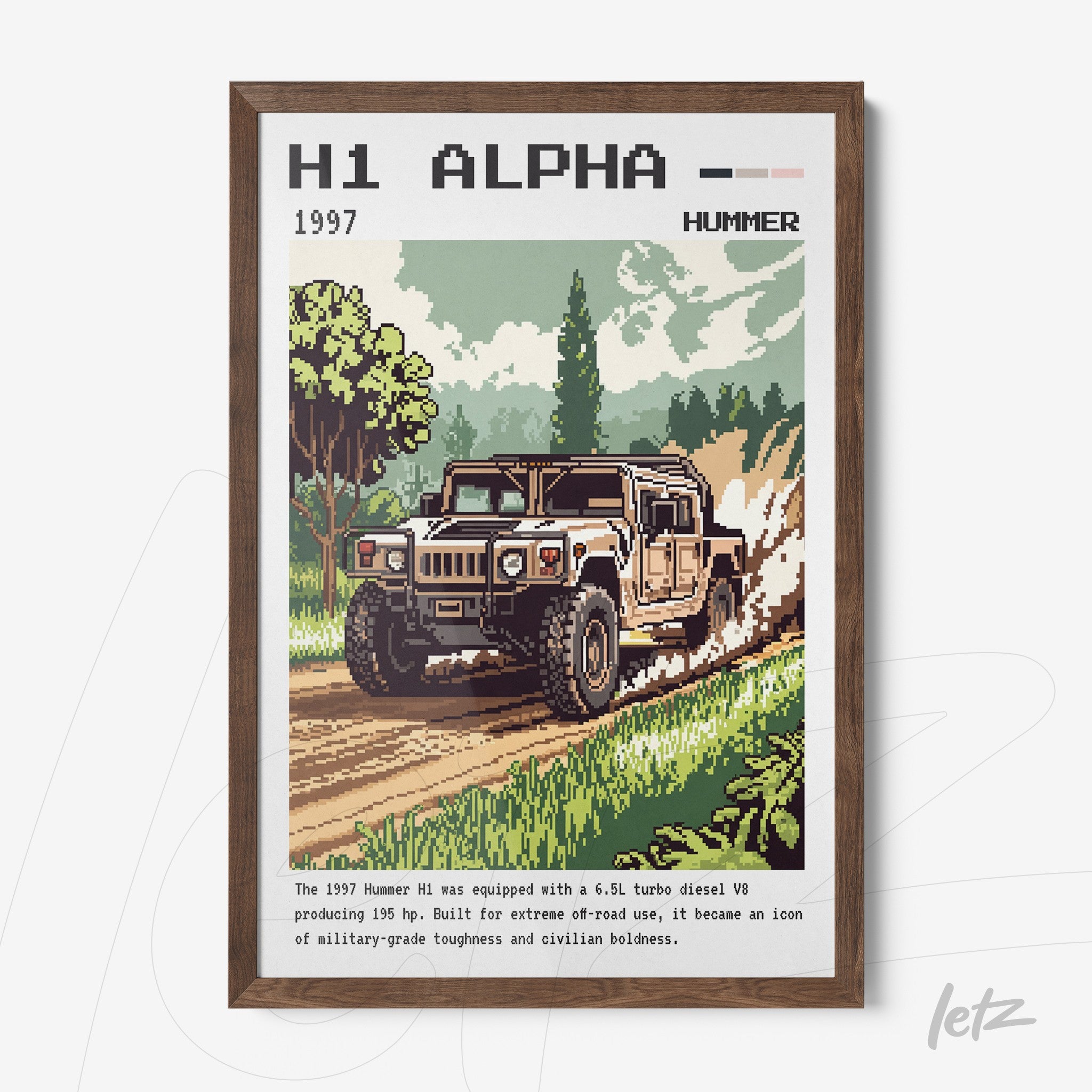 quadro com arte retro de picape Hummer H1 de 1997 em moldura de madeira escura