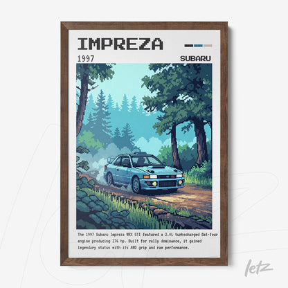 quadro com arte pixelada do Subaru Impreza 1997 em moldura de madeira escura