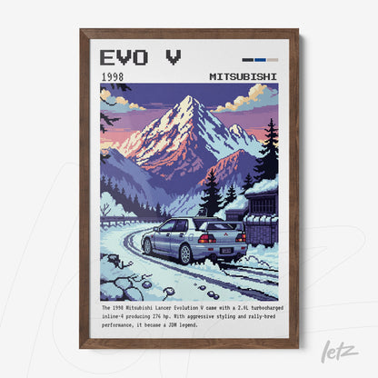 quadro com arte em pixel do Mitsubishi Lancer Evolution 1998 em estilo retrô, moldurado em madeira escura