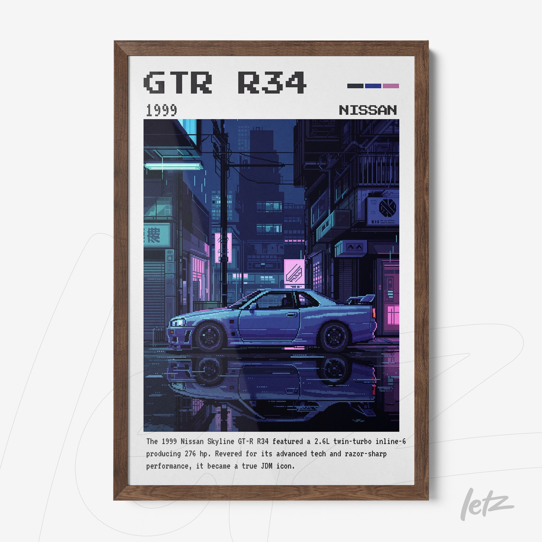 quadro com arte digital do Nissan Skyline GT-R R34 em ambientes urbanos sombrios, moldura de madeira escura