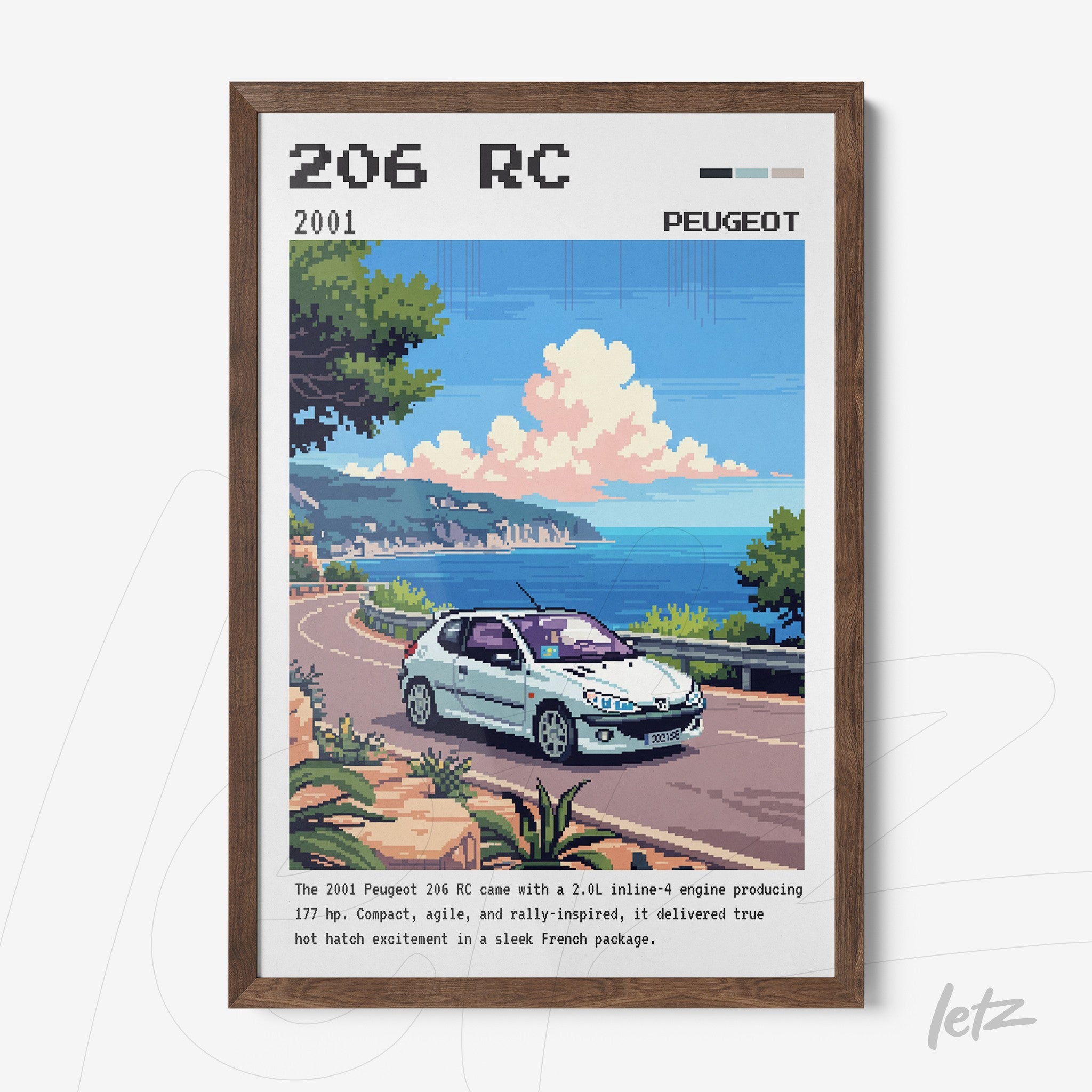 quadro com arte digital de um Peugeot 206 RC em uma estrada costeira, apresentando um estilo pixelado e moldura de madeira escura