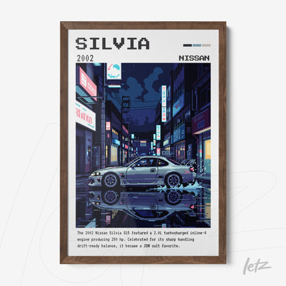 quadro com arte digital do carro Nissan Silvia 2002 com fundo noturno e moldura de madeira escura