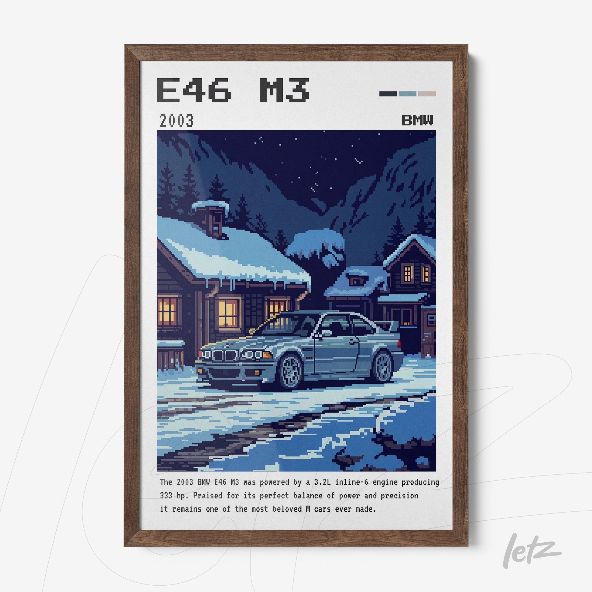 quadro com arte pixelada de um BMW E46 M3 sob neve em frente a uma cabana, moldura de madeira clara