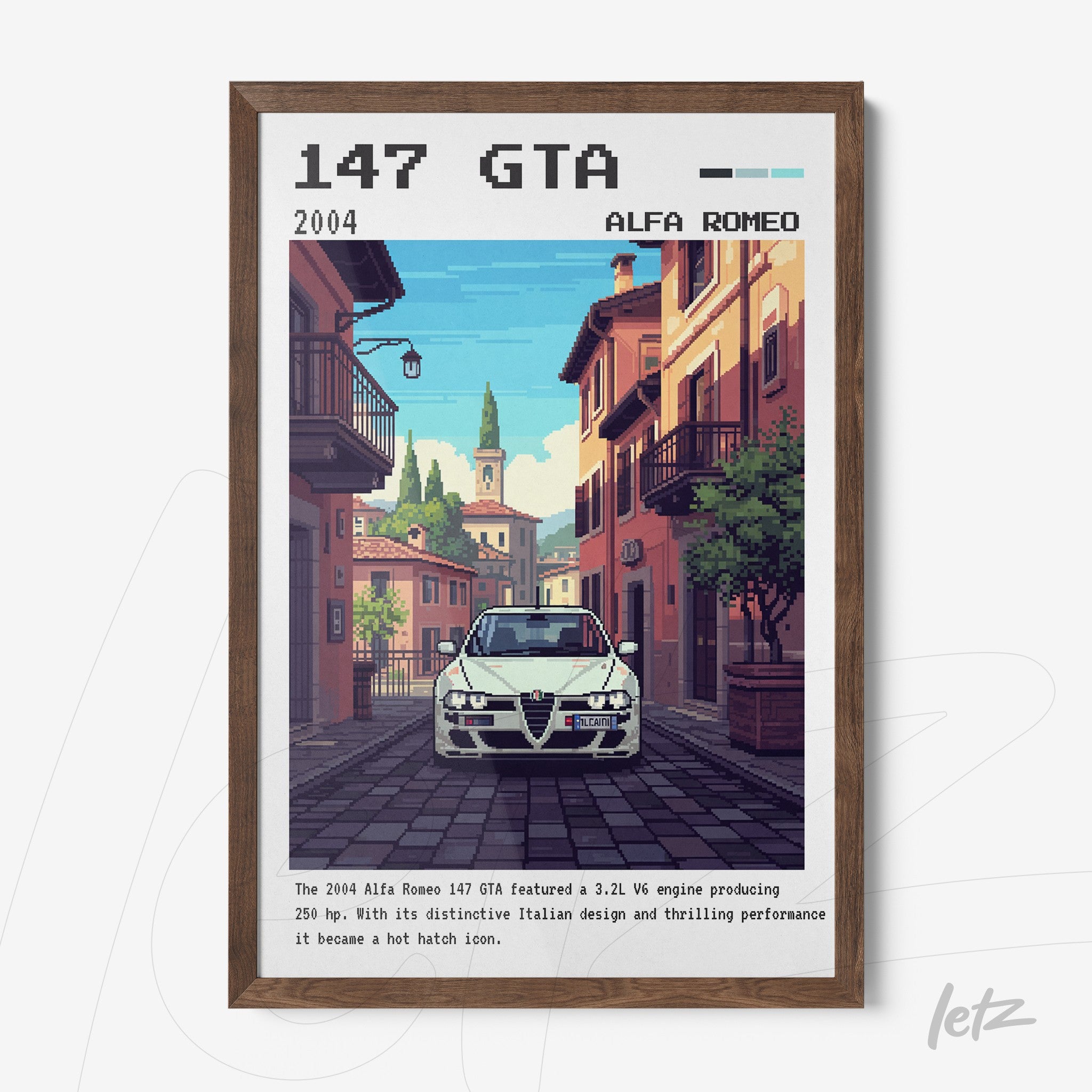 quadro com arte pixelada do carro Alfa Romeo 147 GTA em rua italiana, moldura de madeira escura