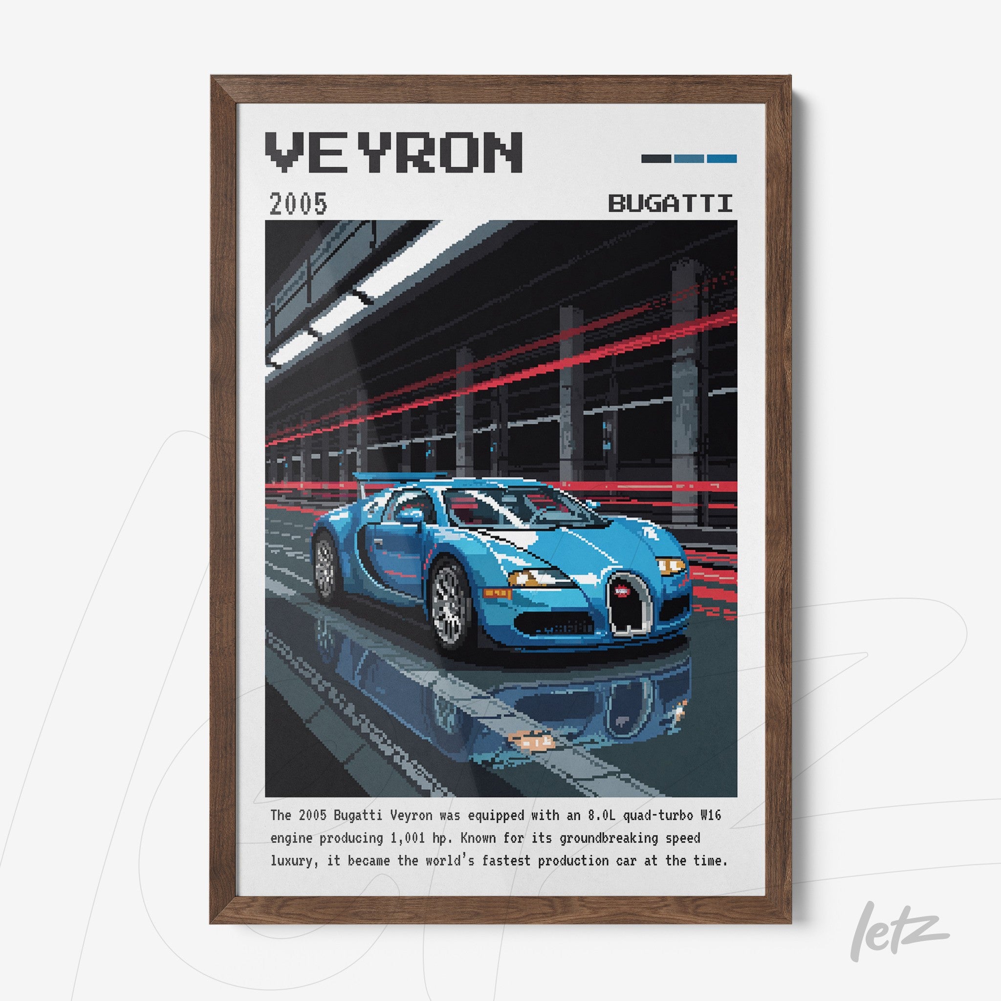 quadro com arte pixelada de um carro Bugatti Veyron azul em moldura de madeira escura