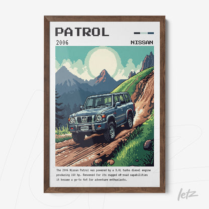 quadro de arte digital retrô do carro Nissan Patrol em uma trilha montanhosa, moldura de madeira escura