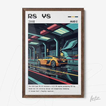quadro com arte digital de carro esportivo Audi R8 V8 em moldura de madeira escura