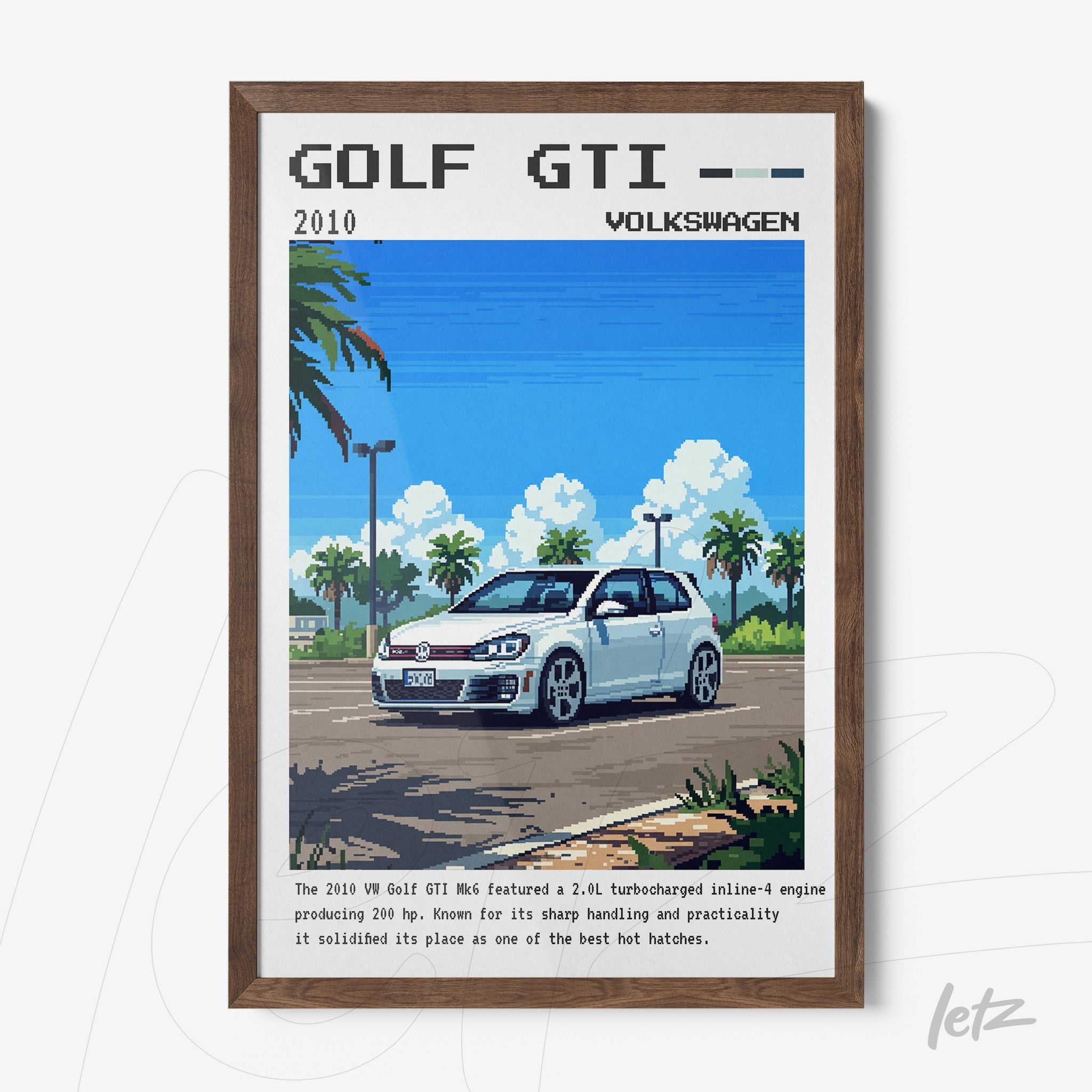 quadro com arte pixelada do carro Volkswagen Golf GTI em moldura de madeira escura