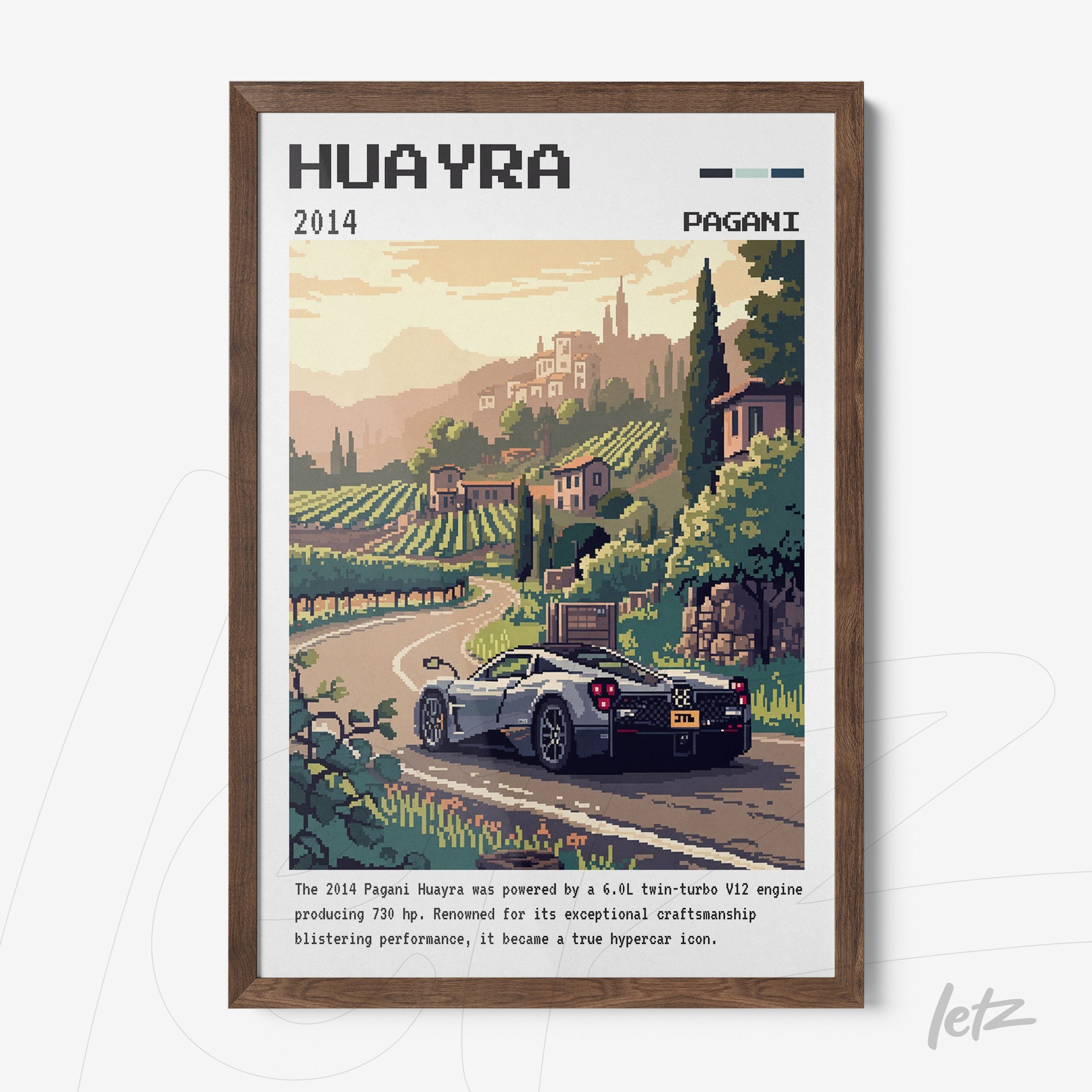 quadro com arte pixelada de um carro Pagani Huayra em uma paisagem montanhosa, moldura de madeira escura