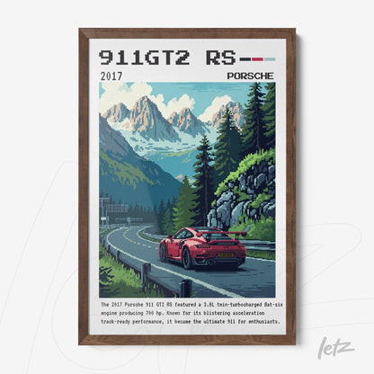 quadro com arte digital do Porsche 911 GT2 RS em estilo pixel art, exibido em moldura de madeira escura