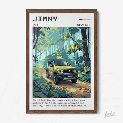 quadro com arte digital em estilo retrô do carro Suzuki Jimny em uma floresta verdejante, moldura de madeira escura