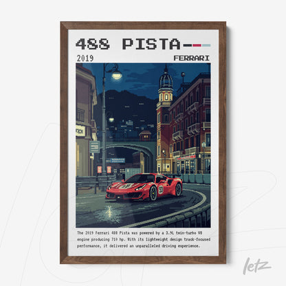 quadro com arte digital pixelada do carro Ferrari 488 Pista em moldura de madeira clara, cenário noturno com edifícios iluminados ao fundo