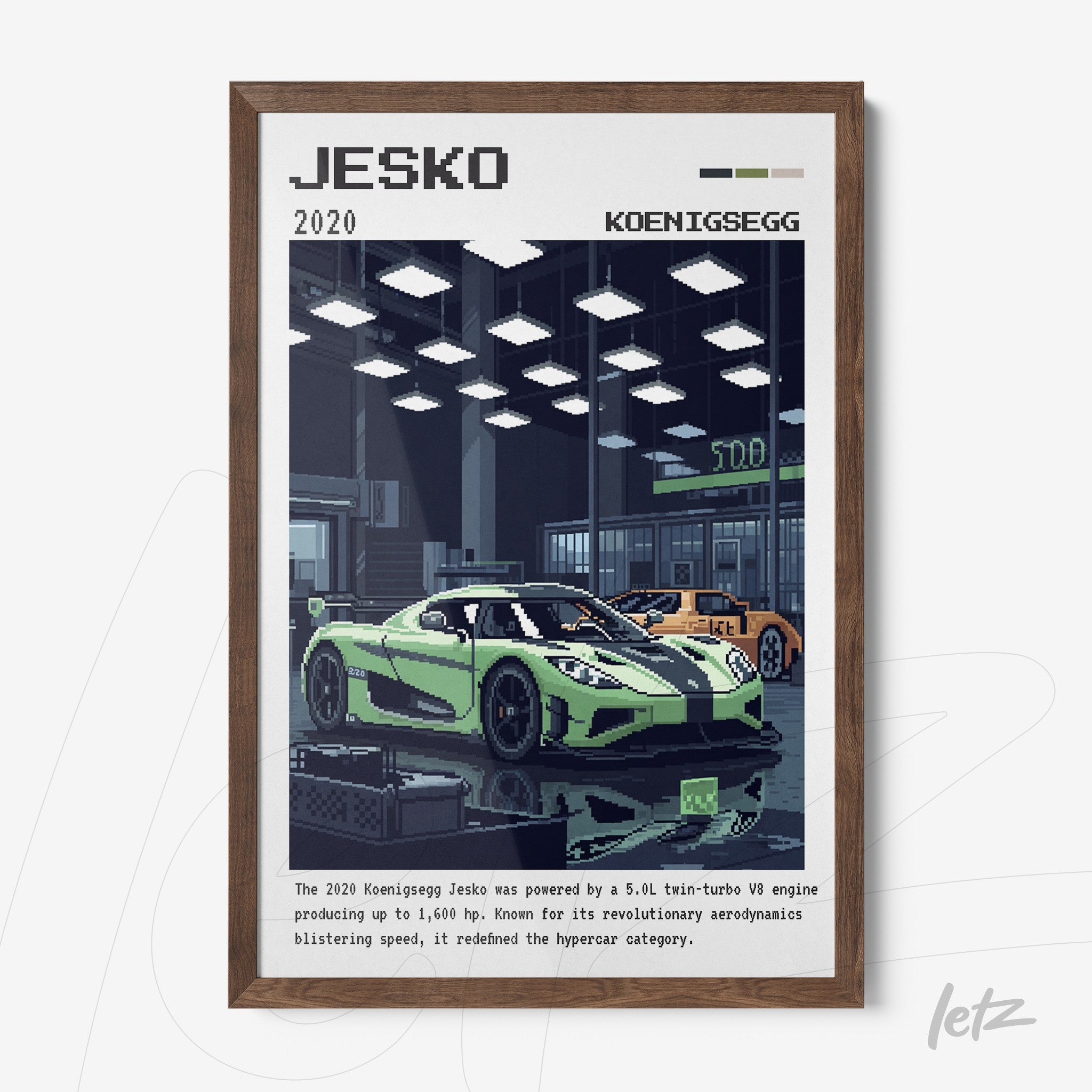 quadro com arte digital do carro hypercar Koenigsegg Jesko em moldura de madeira escura