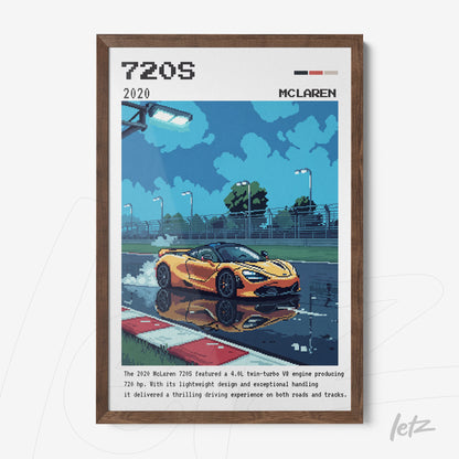 quadro decorativo com arte digital do carro McLaren 720S em pista molhada, moldura de madeira escura